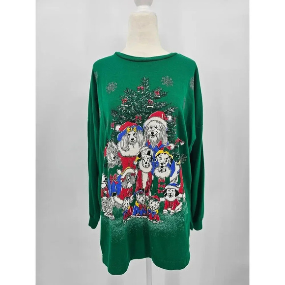 Vtg 90s Women's Green Christmas Santa Dogs Holiday Crewneck Sweater - Picture 1 of 8